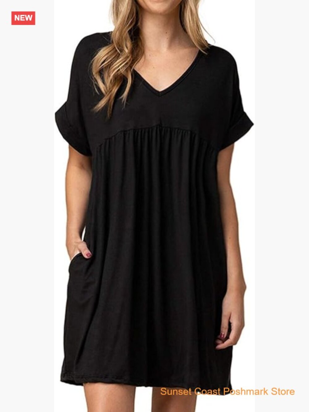 Womens Baby Doll Dress Summer Casual Tunic Pleated Flowy Swing Short Sleeve V